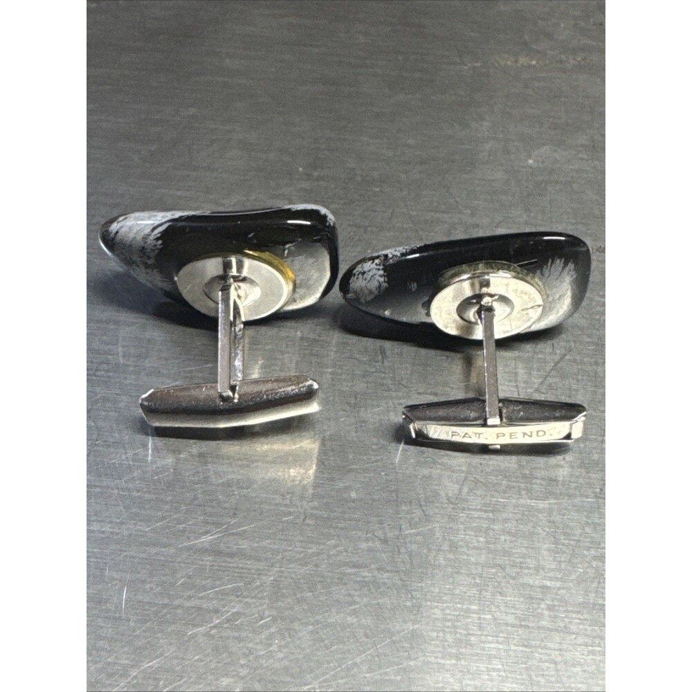 Vtg Marked Pat Pend Silver Tone w/ Black Gemstone Chunky Cufflinks - Picture 3 of 6
